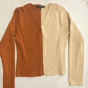 Strut & Bolt ColorBlock Ribbed Cardigan Sweater, Sz M, Color-Brown and Cream